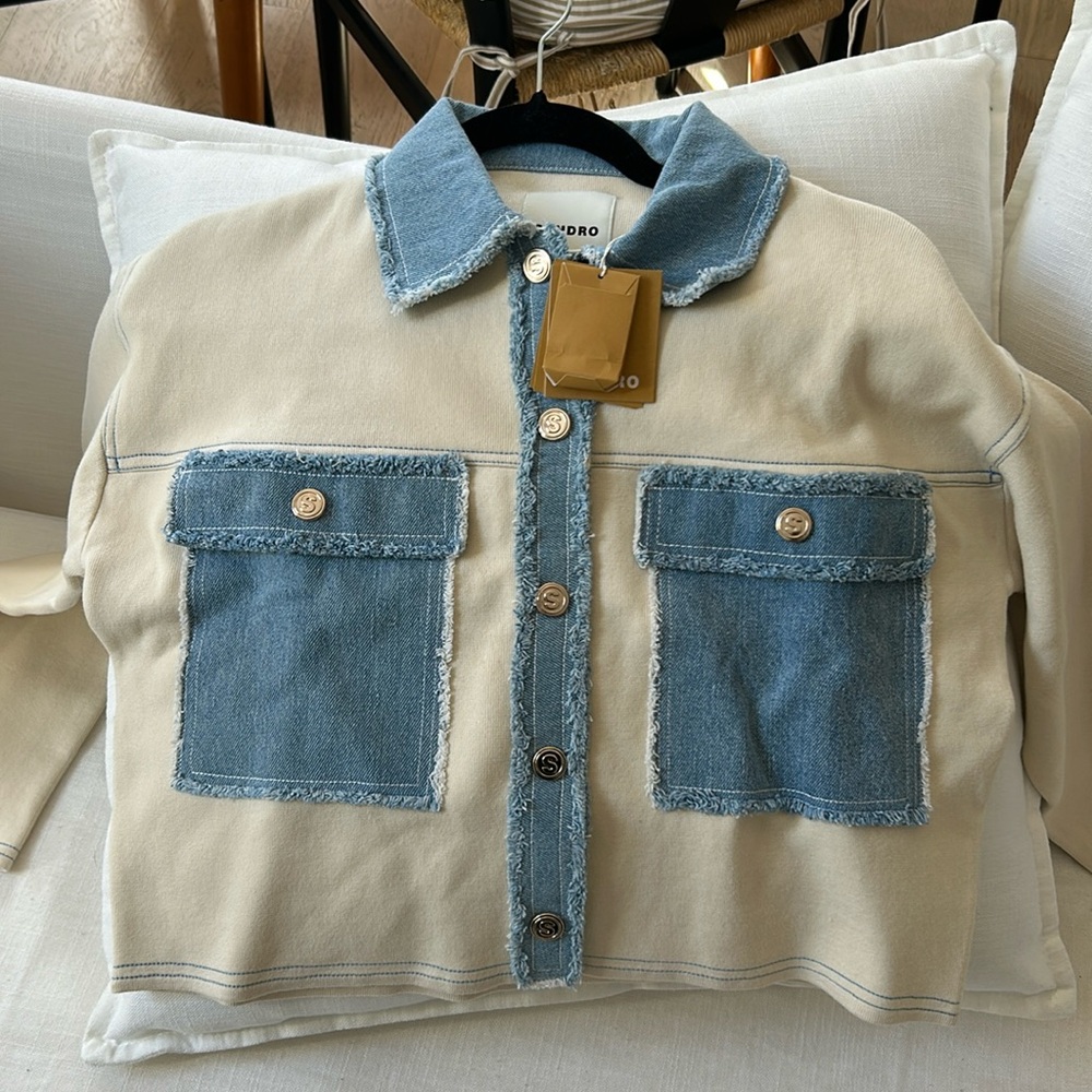 Sandro cream with denim pocket sweater